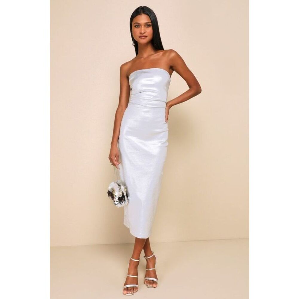 Lulus Glow For You Silver Metallic Strapless Bodycon Midi Dress - Size S